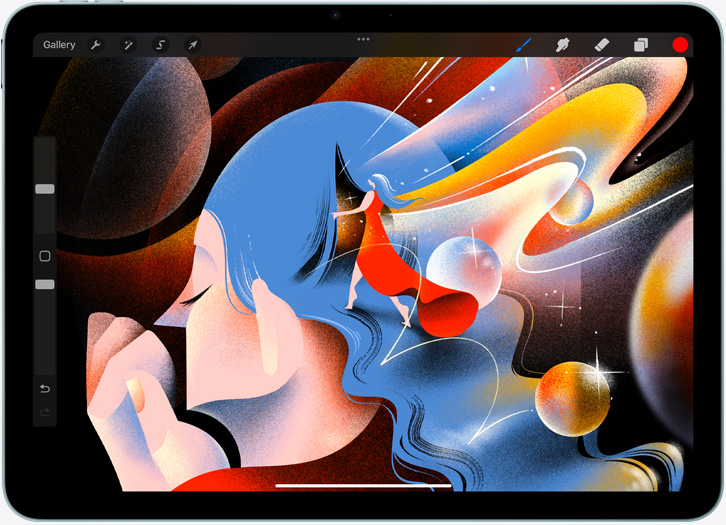 iPad Air, horizontāls novietojums, ekrānā redzama ilustrācija Procreate aplikācijā