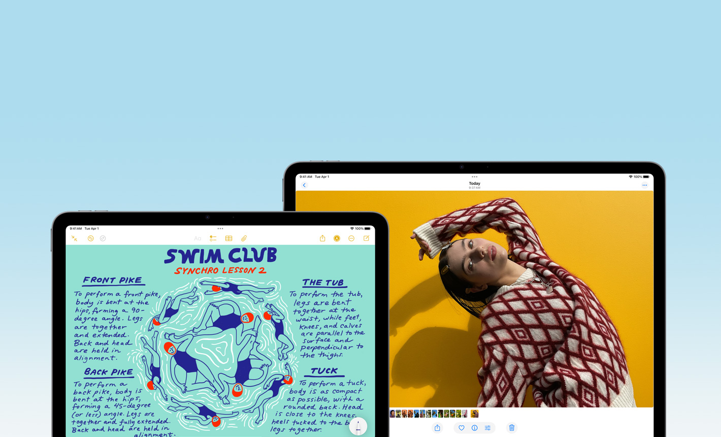 Pretskats uz 11 collu iPad Air, kurā redzama Notes aplikācija, un 13 collu iPad Air, kurā redzama Photos aplikācija, demonstrē dažādos displeja izmērus