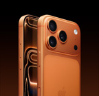 iPhone 17 Pro، لون برتقالي كوني، الجزء الخلفي الخارجي بزاوية مائلة، نظام كاميرا Pro Fusion في المنصة العلوية، وحدة التحكم بالكاميرا، الجزء الأمامي الخارجي بتصميم كله شاشة، زر الإجراءات وزرّا ضبط مستوى الصوت