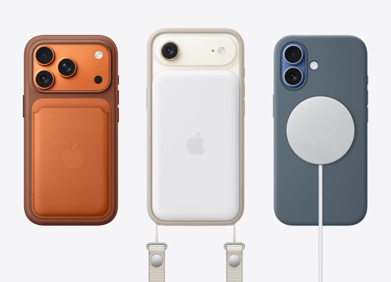 موديلات iPhone جديدة جنباً إلى جنب تُظهر اكسسوارات مثل محفظة من نسيج محبوك مع MagSafe مثبّت، وبطارية MagSafe، وحزام الكتف