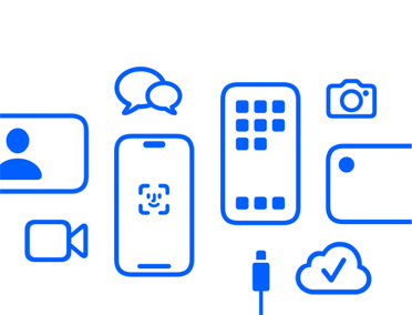 Appareils et fonctionnalités Apple, iCloud, iPhone avec Face ID et câble de charge, Caméra, Messages.