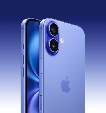 iPhone 16 bleu outremer, vue partielle de l’écran et vue de côté montrant le bouton Action, les boutons de volume et le bouton latéral. Face arrière montrant le système avancé à deux caméras dans le coin supérieur gauche.