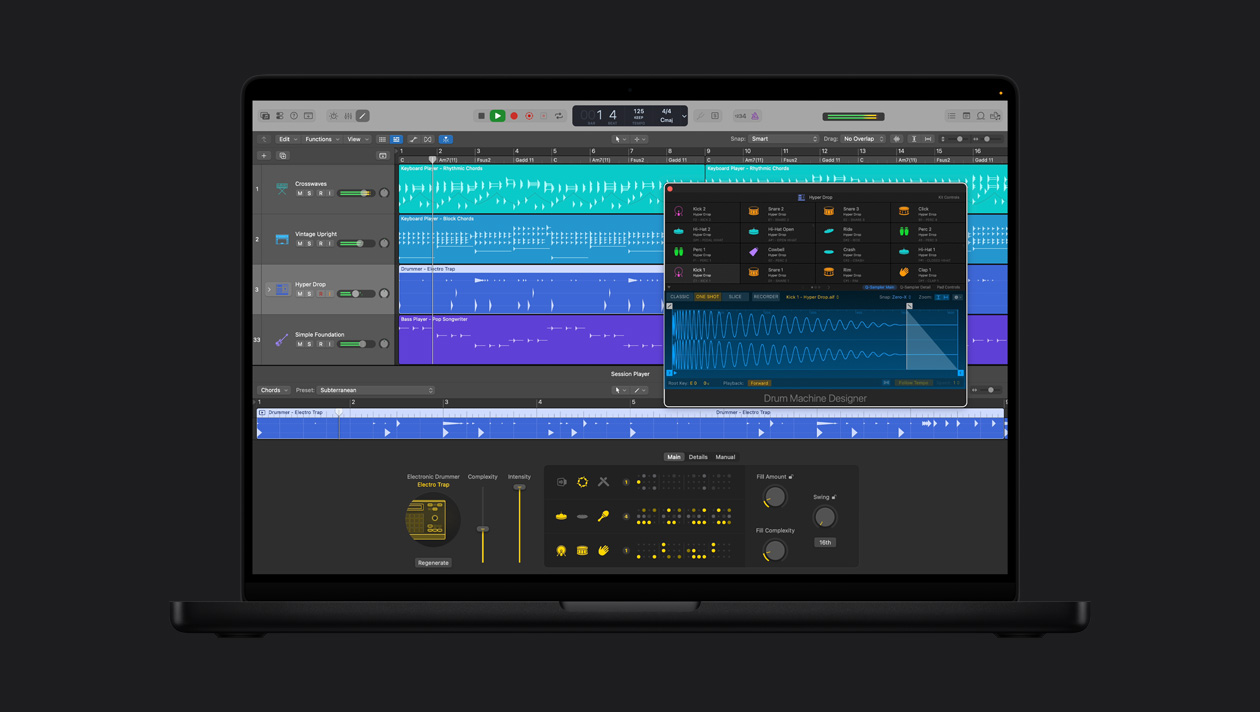 Pantalla de una MacBook Pro de 16 pulgadas que muestra Electronic Drummer, la ventana de Hyper Drop está abierta con Drum Kit Designer, a la izquierda se ven filas de Crosswaves, Vintage Upright, Hyper Drop, Simple Foundation, en la parte inferior están los controles de Electronic Drummer Electro Trap