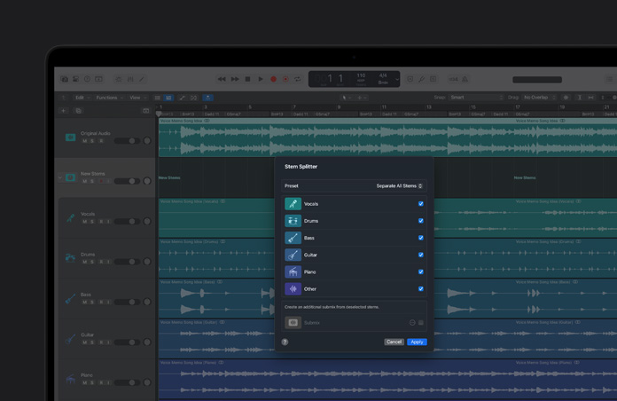 Pantalla de una MacBook Pro de 16 pulgadas que muestra el módulo de Divisor de Stems, y stems de voces, bajo, guitarra, batería, piano y otros instrumentos