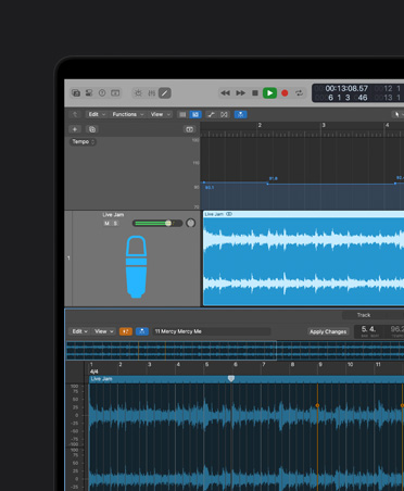 Pantalla de una MacBook Pro de 16 pulgadas con una onda de sonido que muestra una sincronización de tempo