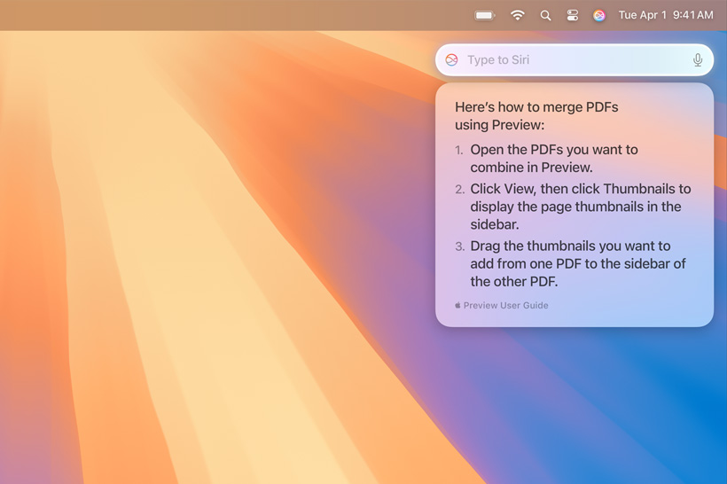 Uznirstošs ziņojums no Siri ar lietotāja meklēto informāciju par vairāku PDF failu apvienošanu.