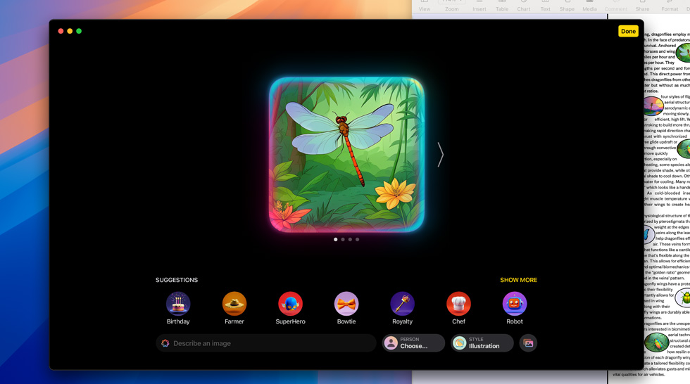 Generación de una imagen de una libélula con Image Playground de Apple Intelligence