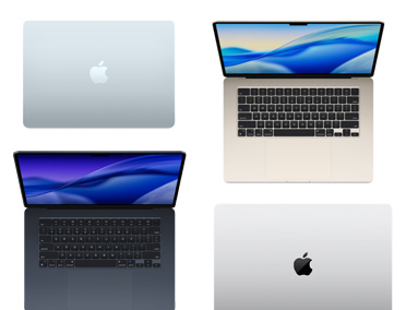 Quatre Mac de différents modèles, tailles et couleurs, illustrant la diversité des options de personnalisation