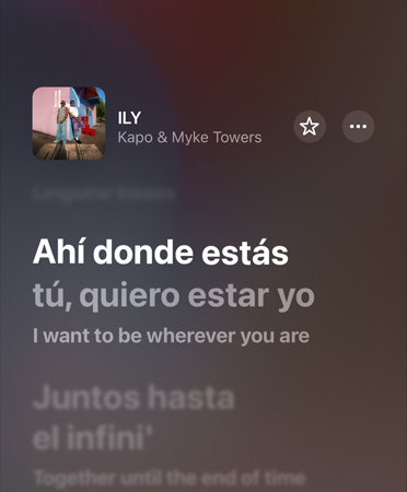Terjemahan lirik ILY oleh Kapo & Myke Towers, dari bahasa Spanyol ke bahasa Inggris, diputar di Apple Music