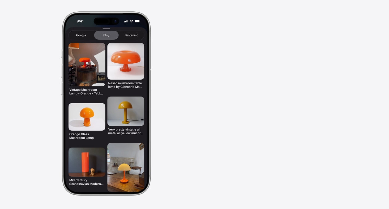 iPhone menampilkan grid gambar yang memperlihatkan berbagai lampu berbentuk jamur dari Etsy, di samping tab Google dan Pinterest
