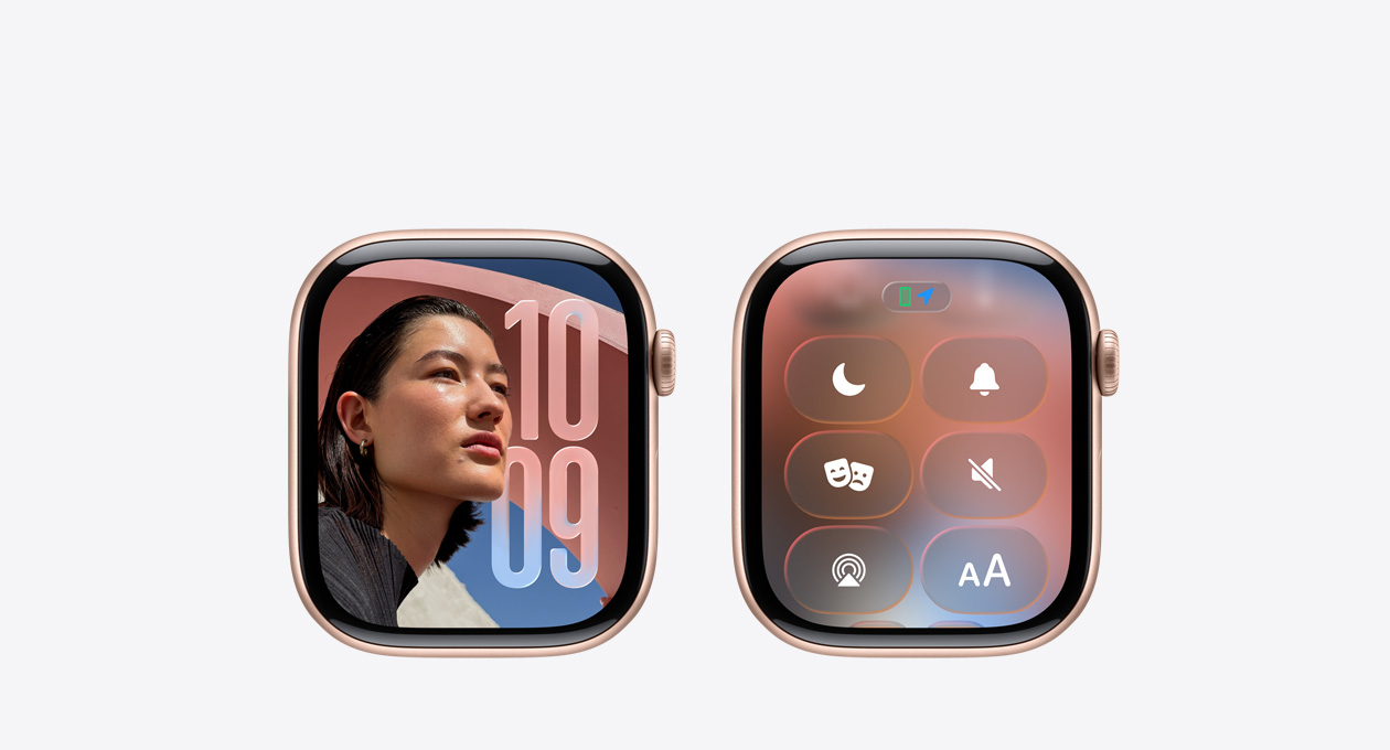 Rosaguld Apple Watch uden rem. Urskiven viser Ur-appen med det nye Liquid Glass-design i watchOS 26.