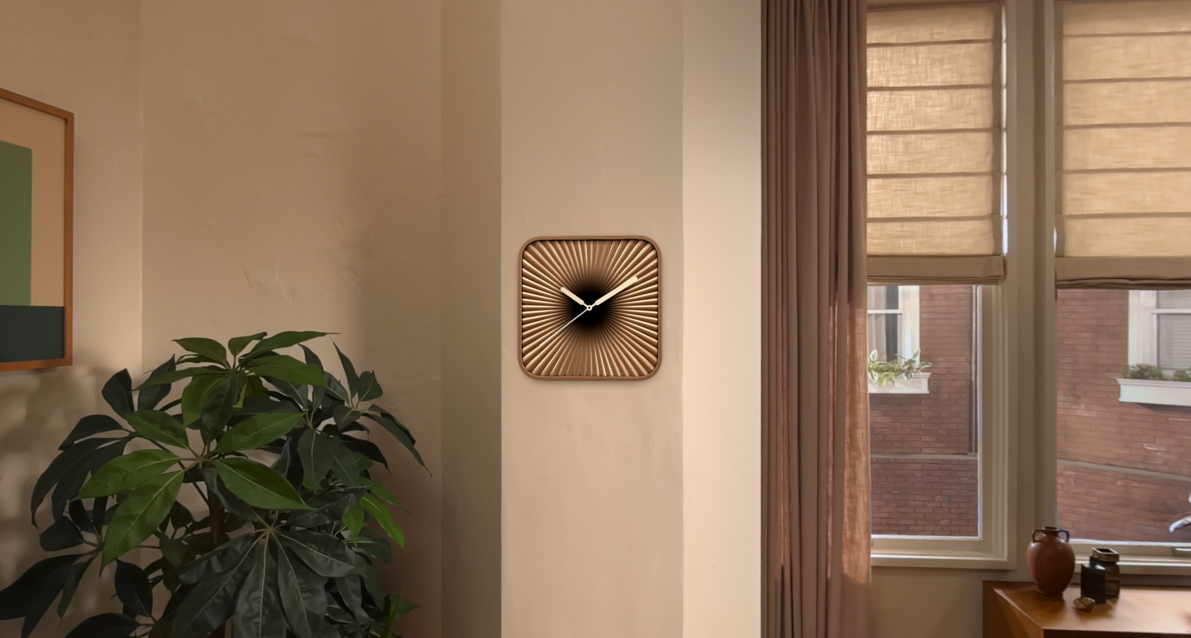 Gros plan d’un widget d’horloge dans un espace physique, vu depuis un Apple Vision Pro