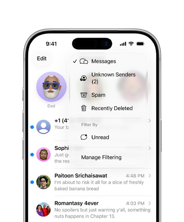 iPhone, top two-thirds showing Messages app with new screening tools feature that now filters unknown numbers into a section called Unknown Senders