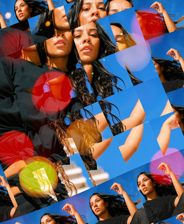 Grade de fotos de uma mulher mostrando diferentes detalhes da mesma foto