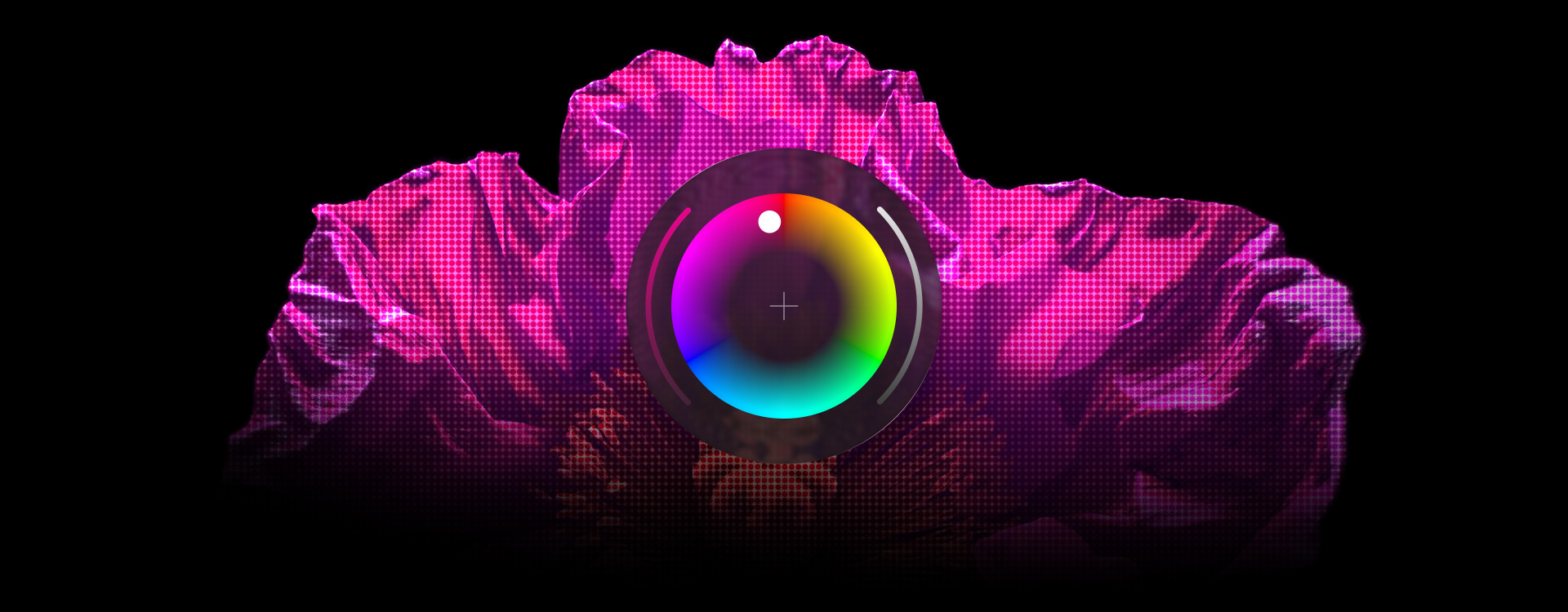 Objeto texturizado na cor rosa, ferramenta de seleção de cores do Pixelmator Pro no centro