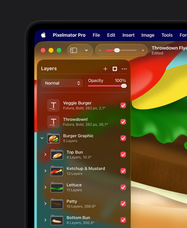 A tela do MacBook Pro de 16 polegadas mostra uma ilustração colorida de um hambúrguer com as ferramentas de organização do Pixelmator Pro