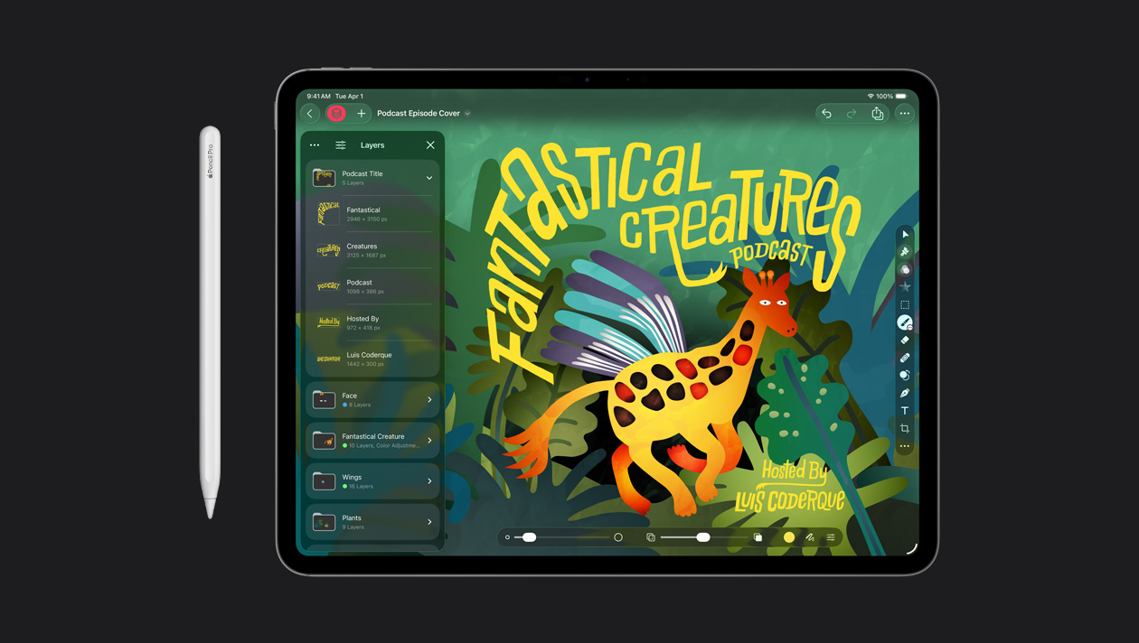 Apple Pencil ao lado do iPad Pro de 13 polegadas mostrando uma ilustração para um podcast sobre criaturas fantásticas