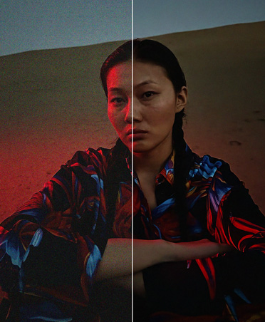 Foto dividida de uma mulher em dunas de areia ao anoitecer com a ferramenta de redução de ruído