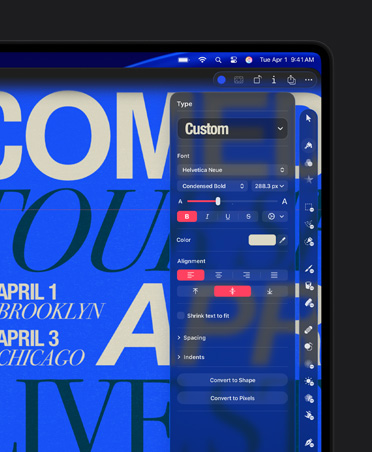 A tela do MacBook Pro de 16 polegadas mostra a imagem do pôster da turnê de comédia com a ferramenta de texto personalizado