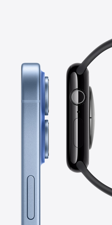 iPhone 17, côté droit, bouton de verrouillage, objectifs en saillie de la caméra, Apple Watch Series 11, côté droit, Digital Crown, micro, bouton latéral