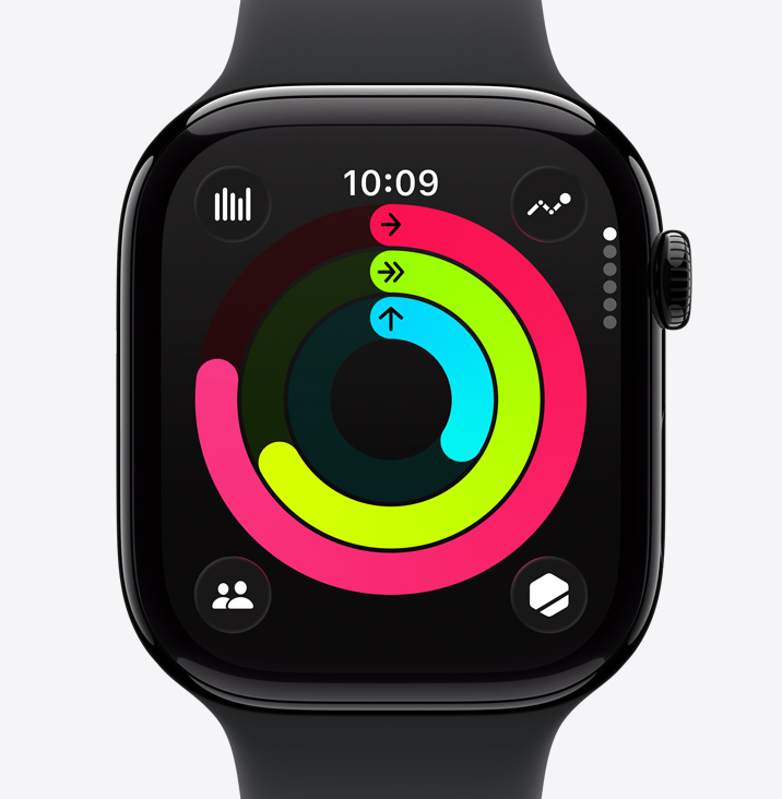 Apple Watch Series 11, boîtier en aluminium, couleur noir de jais poli, anneaux Activité : Bouger, M’entraîner, Me lever