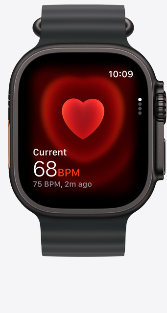 Apple Watch Ultra 3, black titanium case color, Heart Rate app, current beats per minute, Ocean Band, black color