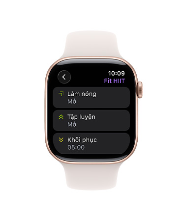 Apple Watch Series 11, rose gold color, aluminum case, Workout app, Custom Workout card, band, light blush Sport Band