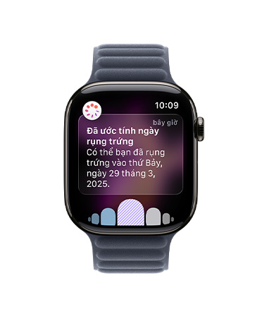 Apple Watch Series 11, slate color, titanium case, ovulation date estimation notification from Cycle Tracking in Health app, Digital Crown, band, Magnetic Link, navy color