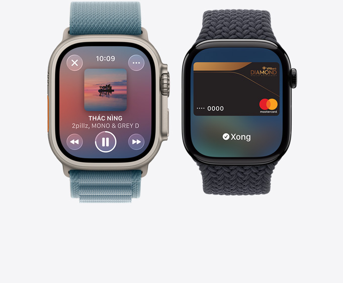 Apple Watch Ultra 3, titanium case, natural color, Apple Music app, now playing screen, Apple Watch Series 11,  aluminum case, polished jet black color, Apple Pay screen