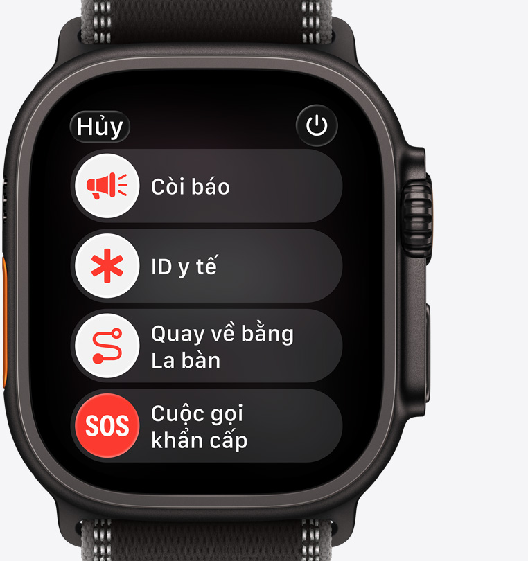 Apple Watch Ultra 3, titanium case, black color, emergency assistance options onscreen: medical ID, compass backtrack, emergency call